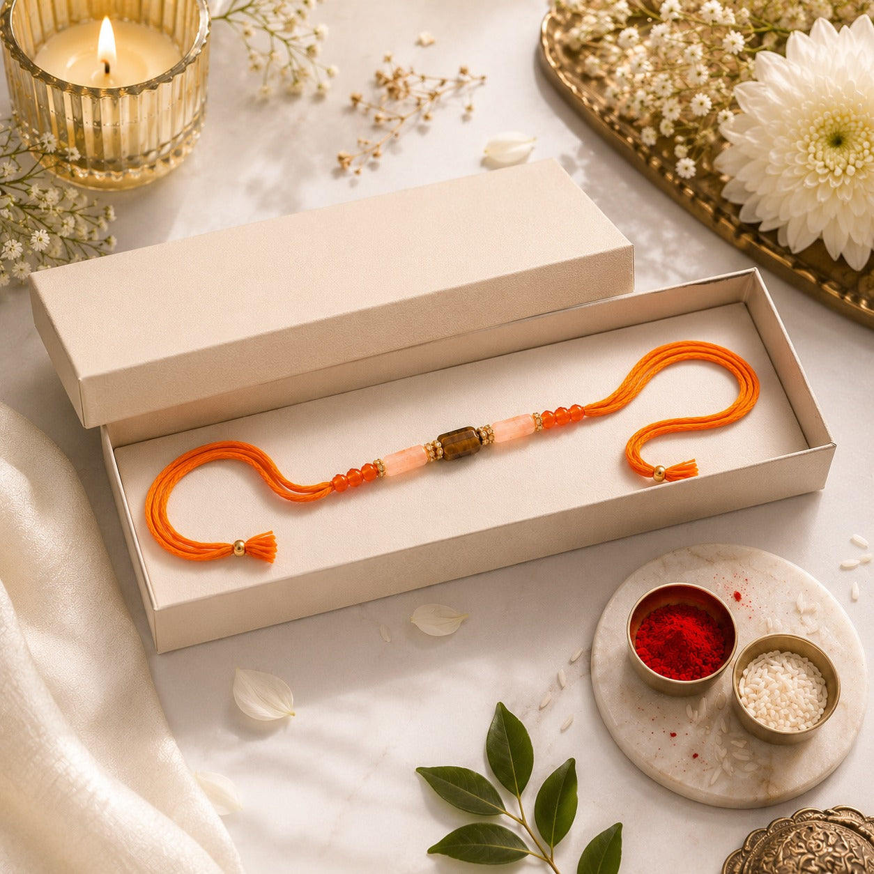 Mulank 1 Lucky Crystal Rakhi with Jade, Carnelian & Tiger Eye
