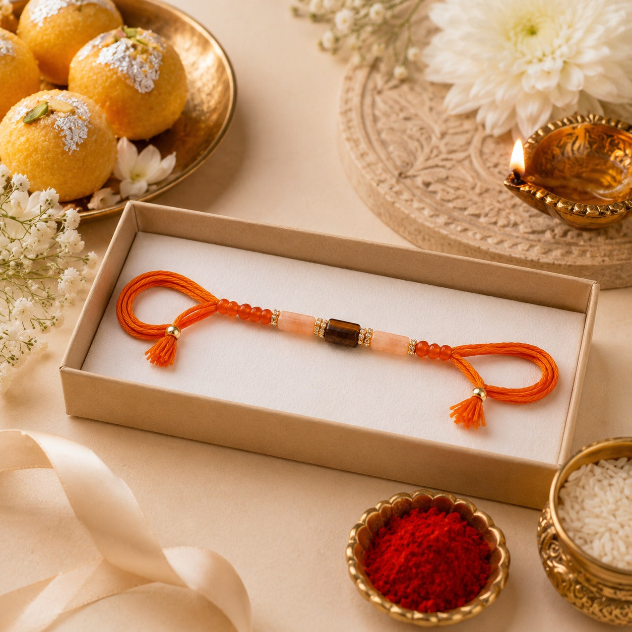 Mulank 1 Lucky Crystal Rakhi with Jade, Carnelian & Tiger Eye