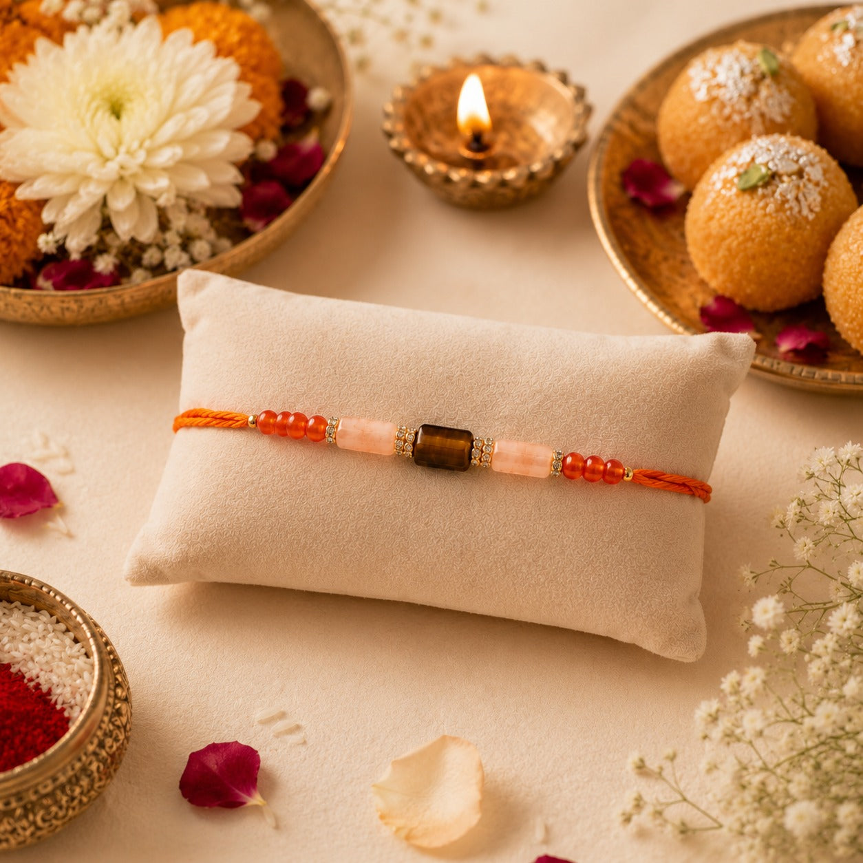 Mulank 1 Lucky Crystal Rakhi with Jade, Carnelian & Tiger Eye