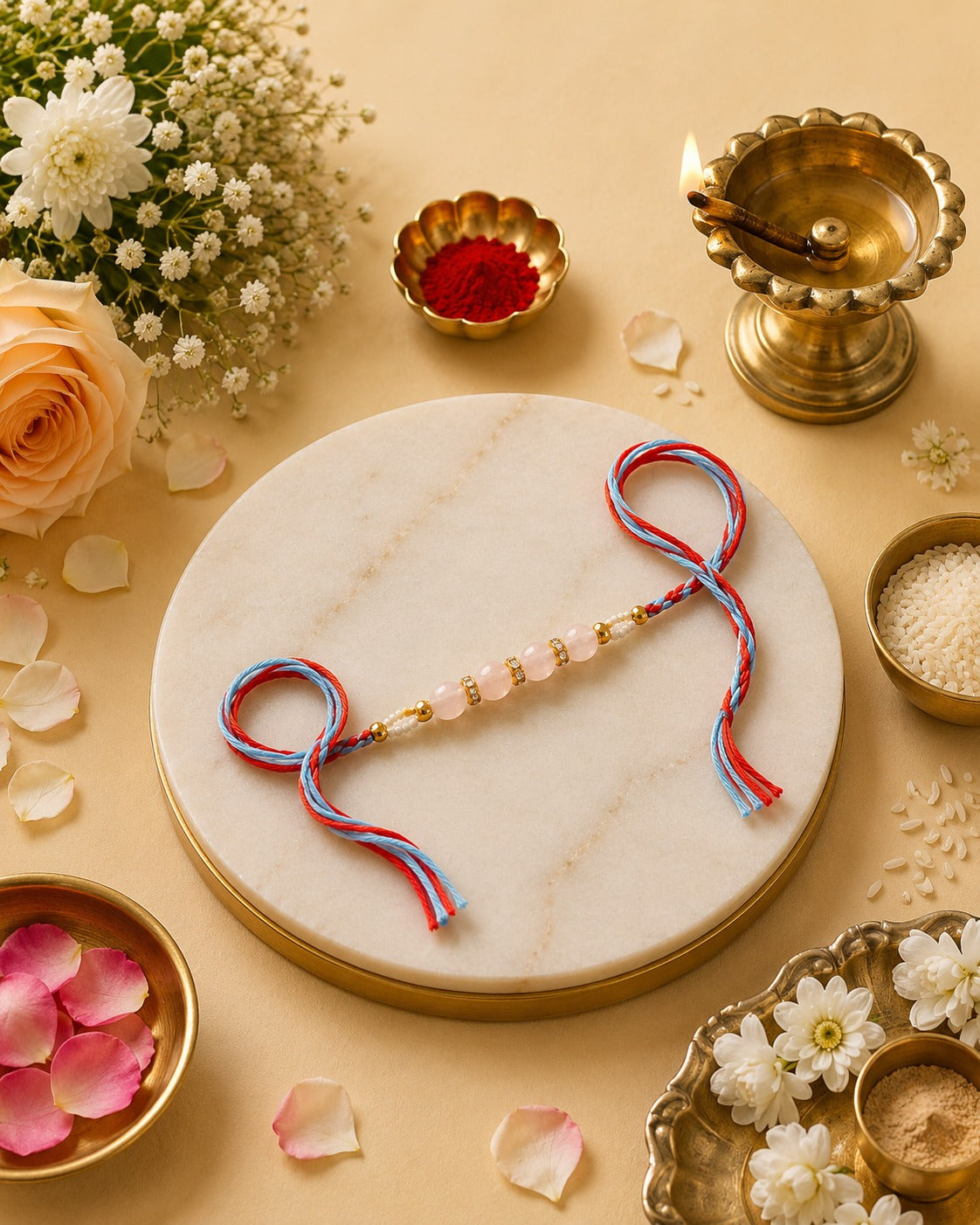 Mulank 6 Lucky Crystal Rakhi with Rose Quartz & Pearl